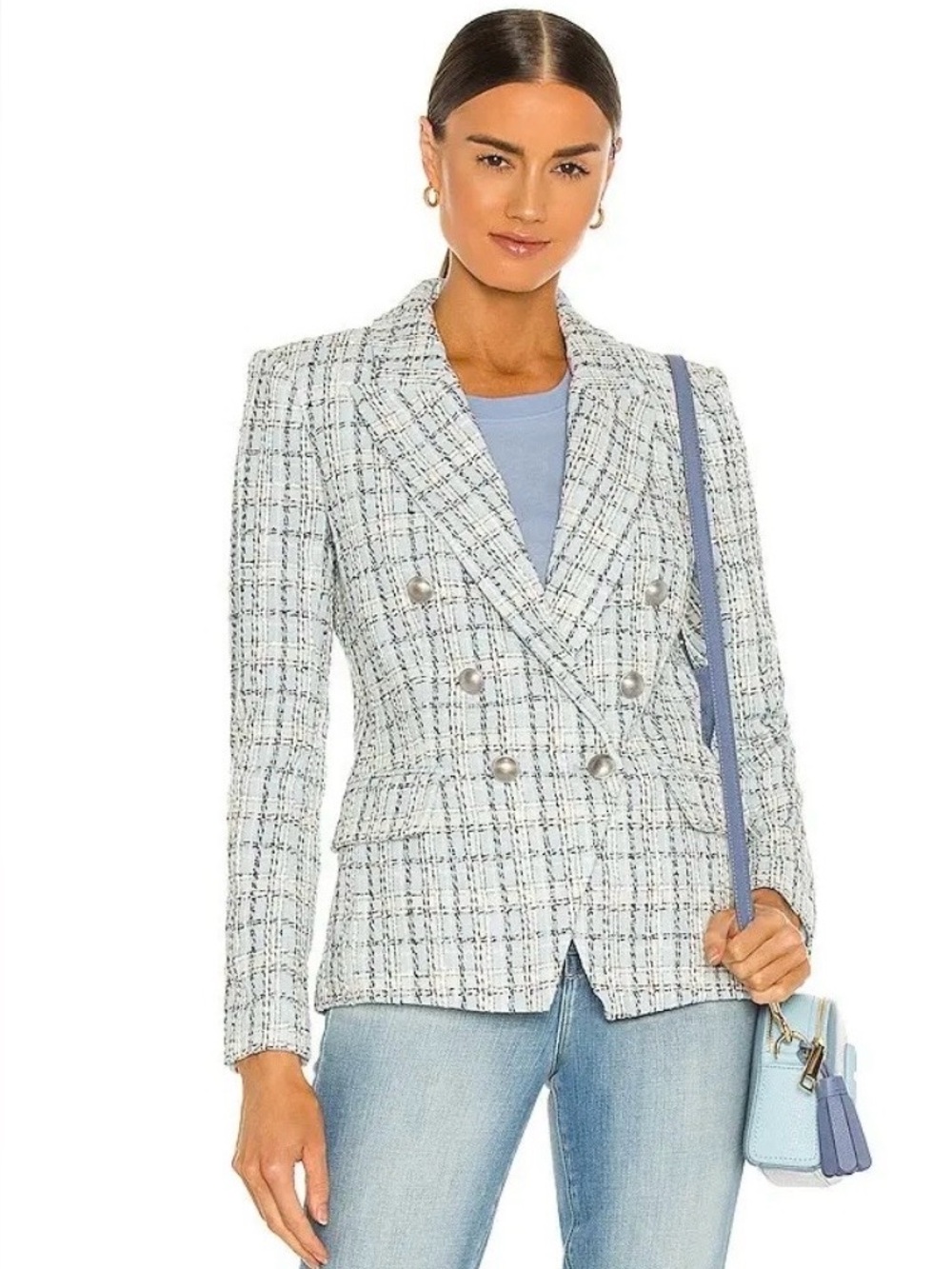L'Agence Kenzie Baby Blue Tweed Plaid Blazer